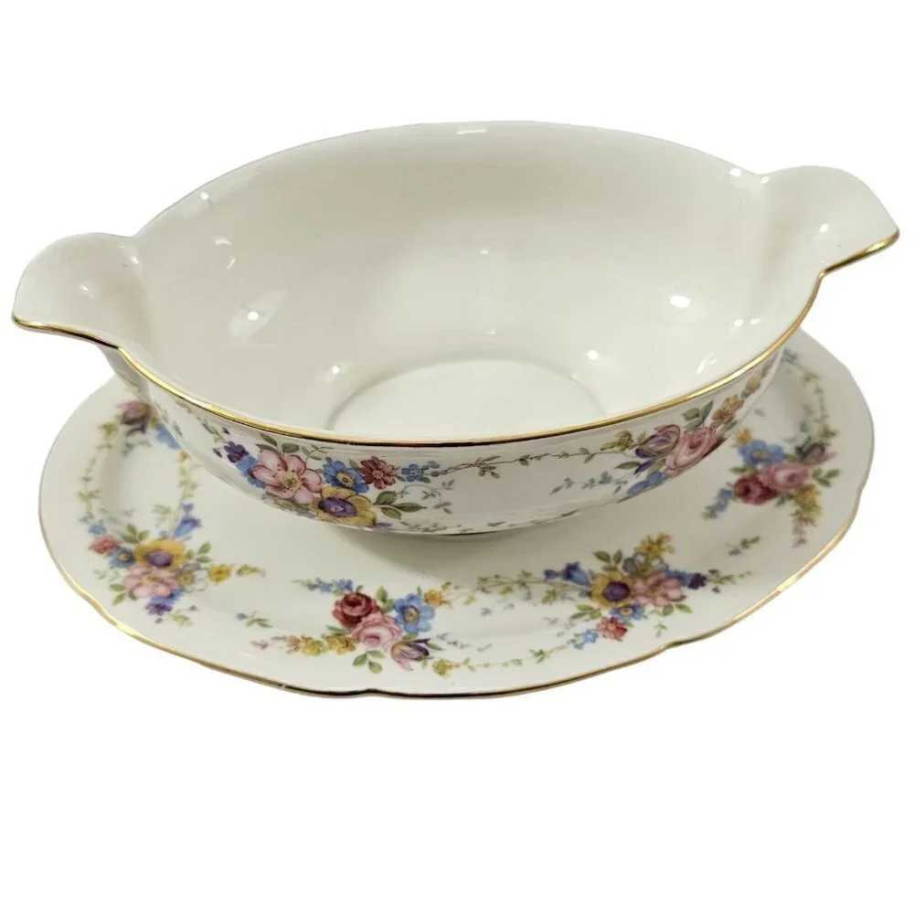 Imperial Bohemian Fine China Floral Print Gravy Boat w/Underplate Czechoslovakia